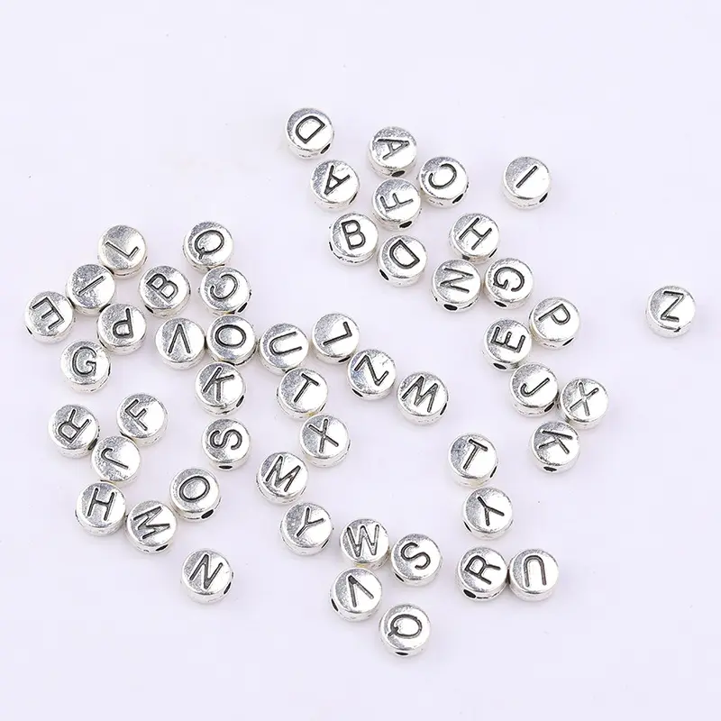 4x7mm Mix Perlen Runde Buchstaben Perlen Vintage Alphabet Legierung Buchstaben Perlen-Silber