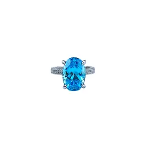 Classic 925 Sterling Silver Ring with Ice-Cut Aquamarine Oval Zircon Big Stone Featuring 18k gold-plated for Wedding Engagement