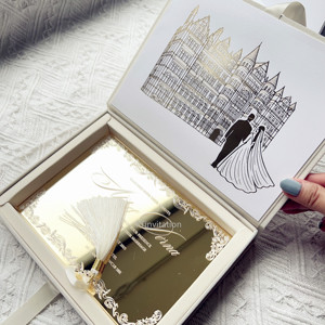 Mới Đến Ngà Giấy Lời Mời Đám Cưới Nhung Hộp Tùy Chỉnh Thiết Kế Vàng Gương Acrylic Handmade Thiệp Cưới Với Rsvp Bộ - Product Image 4