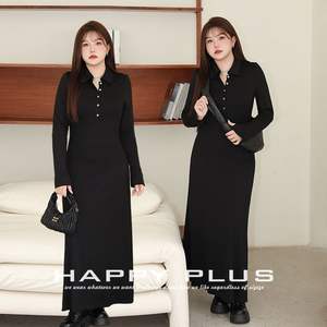 รันฉีชุดเดรสยาวผู้หญิงไซส์ใหญ่ สีดำหมึก ปกคอพับ เอวโค้ง ทรงเอ สีพื้น กระดุม สไตล์เรียบง่าย N9057 - Product Image 5