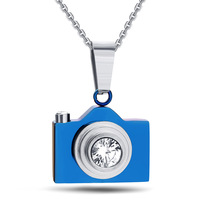 Pendentif de caméra cachée mignon noir en acier inoxydable personnalisé avec collier en zircon