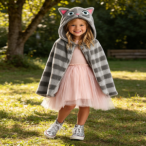Mantello con Cappuccio in Pile a Righe Grigie per Bambine, <span class=keywords><strong>Costume</strong></span> da Gatto Tabby per Halloween e Feste di Compleanno - Product Image 4