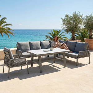 ชุดโซฟาอลูมิเนียมกลางแจ้งทันสมัย พร้อมเบาะรองนั่ง 10 ซม. รูปตัวแอล สำหรับระเบียง <span class=keywords><strong>สวน</strong></span>หย่อม และสวนสาธารณะ 7 ที่นั่ง พร้อมโต๊ะรับประทานอาหาร - Product Image 2