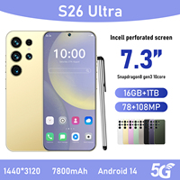 Smartphone S26 Ultra 7,3 pouces 120 Hz 5G Android 14 16 Go de RAM 1 To de stockage Appareil photo 108 MP Batterie 7800 mAh Double SIM Cadre métallique
