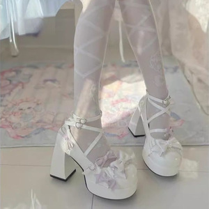 White Lolita <b>Platform</b> <b>Heels</b> With Bowknots And Lace-Up Closure Thick <b>Block</b> <b>Heel</b> Women Shoes Spring Style - Product Image 5