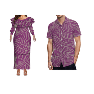 Nieuwe Plus Size Vrouwen Dubbel Gelaagde Franje Lange Mouw Jurk Op Maat Samoa Puletasi Jurk Bijpassende Aloha Mannen Shirt 2 Stuks - Product Image 2
