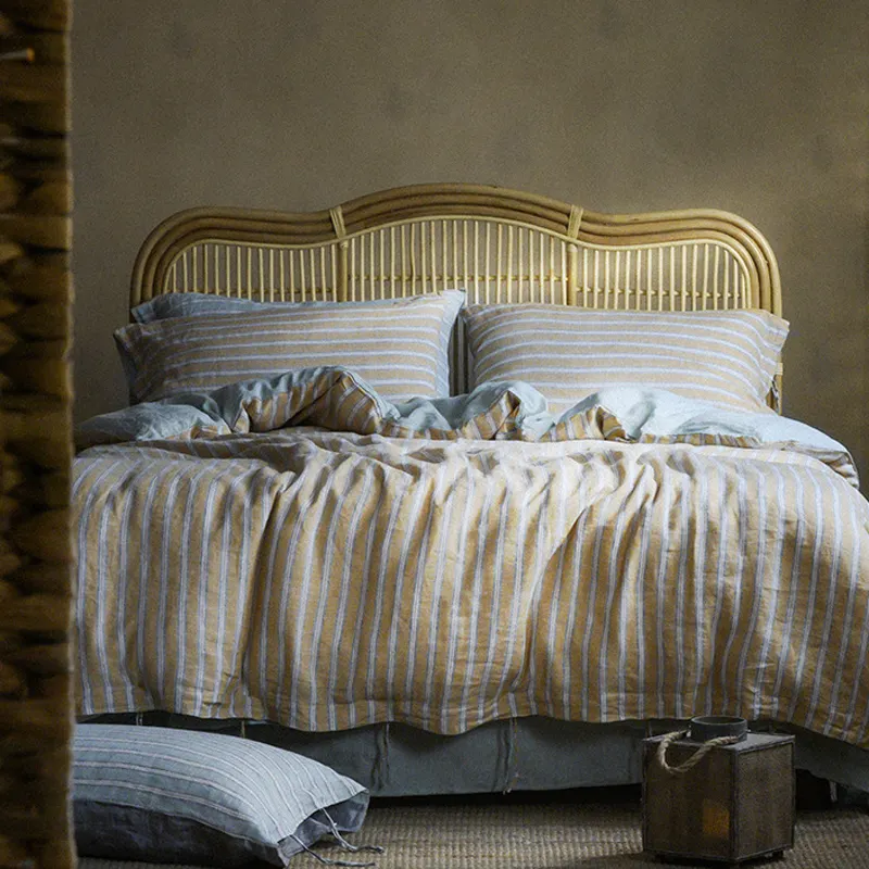 Classic Natrual Linen Bedding Set Flax Linen Duvet Cover Bedsheet Luxury Stripe Northern Europe Wholesale Customization