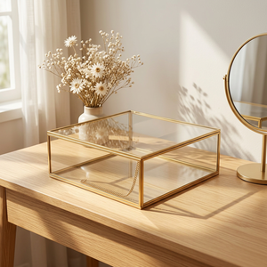 Gold Framed Glass Jewelry Box <b>Square</b> Minimalist Storage Decorative Box for Bedroom Use - Product Image 1