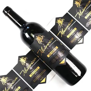 Impression de logo personnalisé tache UV feuille d'or de luxe noir mat autocollant en relief autocollant d'étiquette de vin en papier texturé pour bouteilles de vin rouge