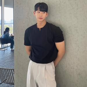 Camiseta de Verano para Hombre, Cuello Redondo, Manga Corta, Color Sólido, con Cuentas, Estilo Vintage, Holgada, Informal, Transpirable - Product Image 3