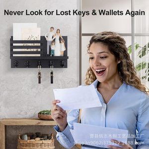 Wooden Wall Mounted <b>Shelf</b> Key Rack With <b>Hooks</b> For Entryway Mail Storage Rectangle Black - Product Image 4