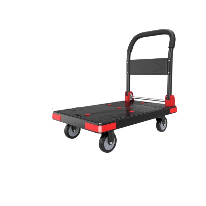 AOCHEN Anti-Slip Textured Platform Cart with Folding Handle, Single Metal Railing Swivel Casters