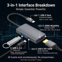 Mini Hub USB C 3 en 1, HDTV 4K60Hz, PD100W, USB3.0 5Gbps, 11.5mm, Delgado, de Aluminio, Portátil, para Viajes, Sin Controlador, para Mac, Windows, Linux