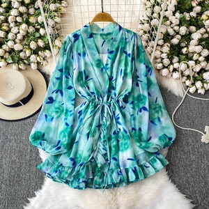 Camicia in Chiffon Francese Stampata con Scollo a V <span class=keywords><strong>e</strong></span> Maniche Lunghe per Donna, Primavera <span class=keywords><strong>e</strong></span> Autunno, Top con Vita Arricciata <span class=keywords><strong>e</strong></span> Volant - Product Image 5