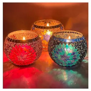 Amz Hot Sale Tea Light Candle Holders Mosaic Handmade Stained Recycled Sustainable Glass Candle Jar for Diwali Decor