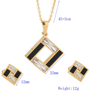 Conjunto de collar cuadrado geométrico dorado con incrustaciones negras y piedras transparentes para mujer, uso diario. - Product Image 5