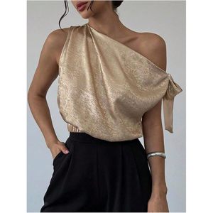 Women's Off Shoulder Satin Crop <b>Top</b> Asymmetric One Shoulder Wrap Tie Blouse Elegant Party Wear - Product Image 3