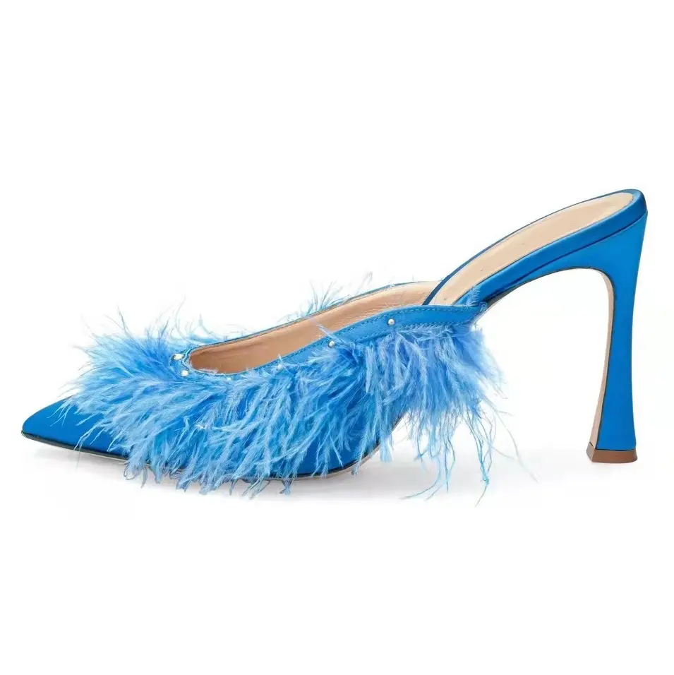 Multi-color Lady Slippers Custom Luxury Pointed Toe Dress Shoes Sexy Blue Satin Feather Women's Shoes