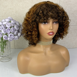 Perruques Bob Courtes Bouclées en Cheveux Humains Bruts Sans Dentelle, Fabriquées à la Machine, Densité 200%, Couleur Mèches, <span class=keywords><strong>Avec</strong></span> <span class=keywords><strong>Frange</strong></span>, 10 Pouces, Brun/Blond, Transfrontalier - Product Image 2