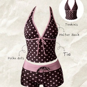 Jiubaju <strong>Women</strong> Swimwear Polka Dot 2-Piece Tankini Set Halter V Neck Front Tie Cami Top Contrast Waistband Drawstring <strong>Swim</strong> <strong>Shorts</strong> - Product Image 3