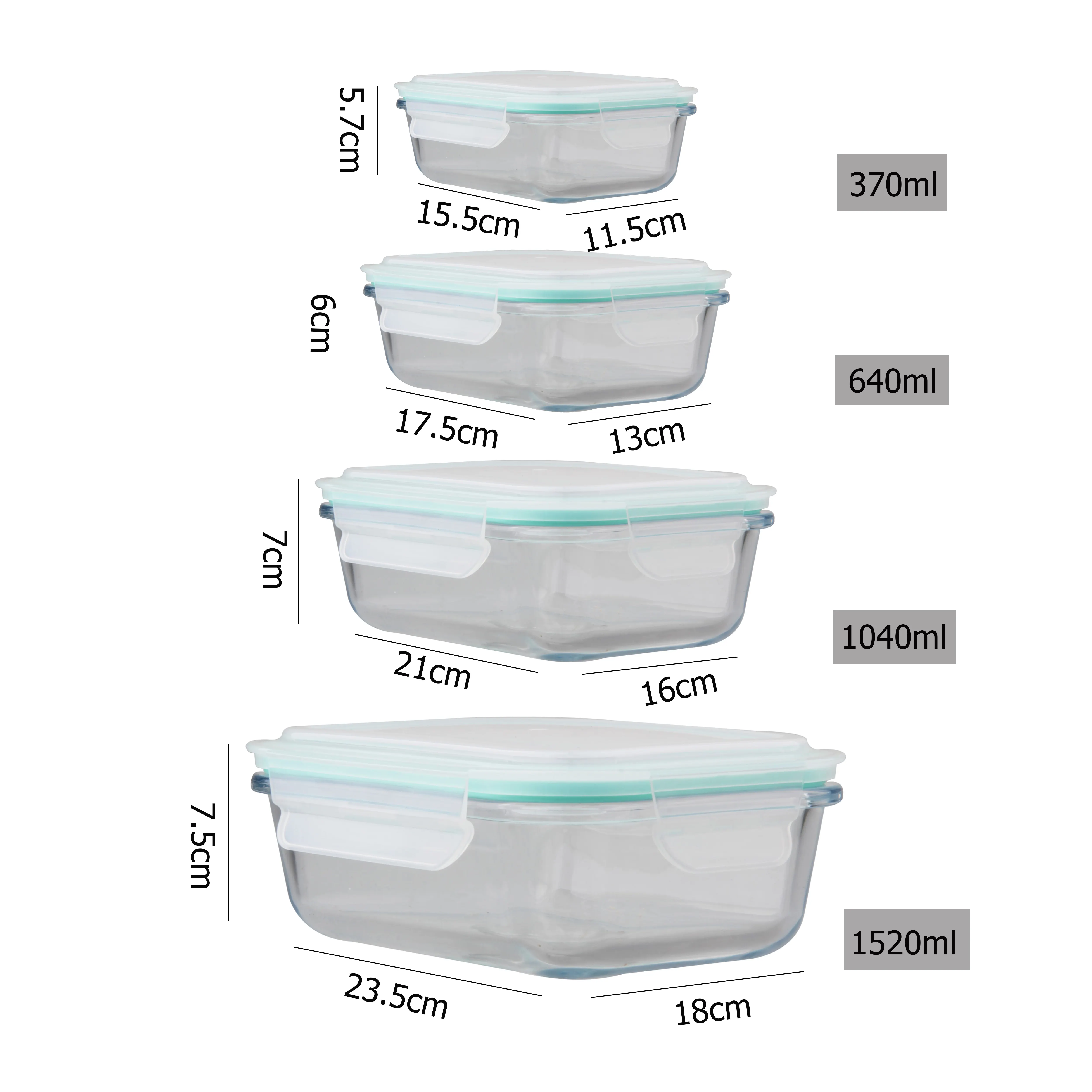 1520ml / 1040m; / 640ml / 370ml אטום מלבן זכוכית מזון מיכל סט עם פלסטיק נעילת מכסה למטבח אחסון