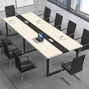 Table de réunion rectangulaire moderne pour bureau avec canal de câblage et structure en métal noir pour 8 à 12 personnes - Product Image 1