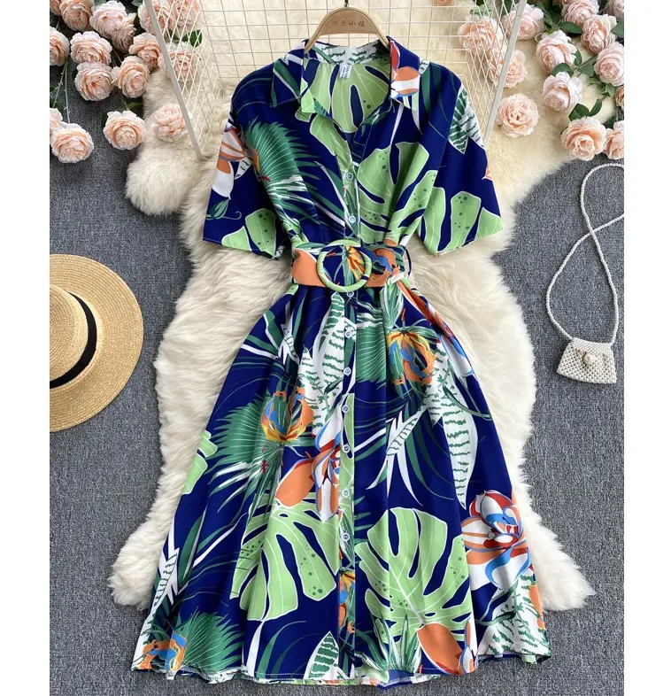 New Summer Short Sleeves Midi Elegant Floral Loose Casual Shirt Dress For Women