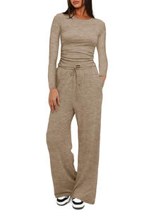 Женский Свободный Повседневный комплект из 2 предметов для отдыха, однотонный трикотажный спортивный костюм с широкими штанинами и длинным рукавом для осеннего сезона - Product Image 5