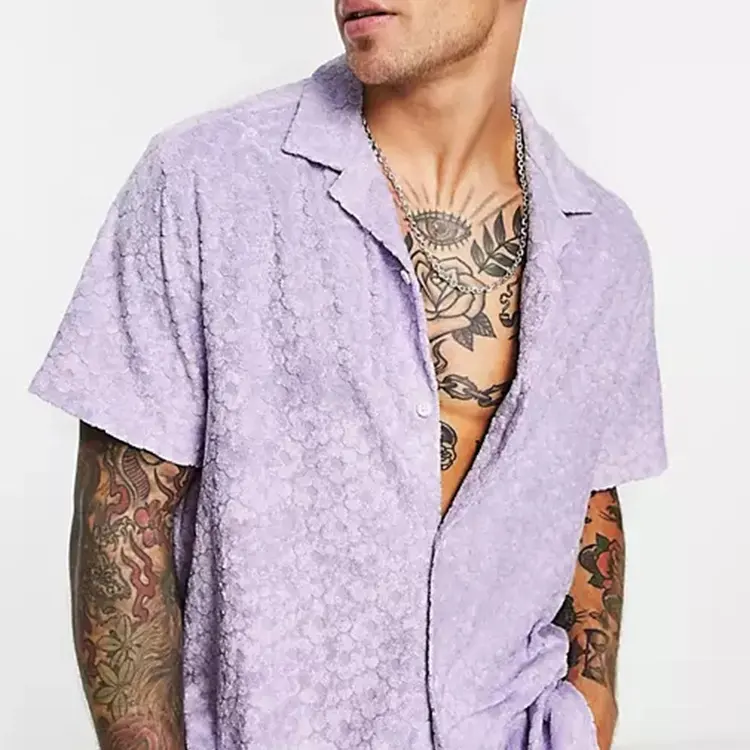 Mens Custom Wholesale OEM Boxy Oversized Towelling Shirt With Embossed Flower Print Bowling Button Up Shirt