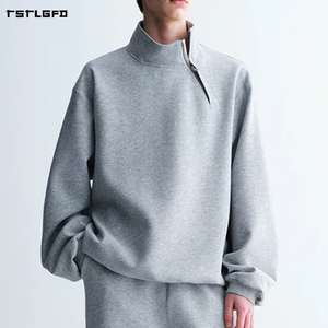 Sudadera de forro polar grueso para hombre con cremallera lateral asimétrica, cuello simulado, corte holgado y hombros caídos, estilo casual minimalista. - Product Image 4