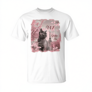 T-shirt Cat In Paris avec motif de la tour Eiffel et de fleurs de cerisier, taille adulte unisexe - Product Image 2