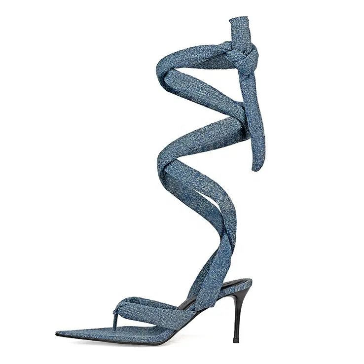 Enmayer Женская обувь на низком каблуке новый дизайн с острым носком на шнуровке джинсовые сандалии