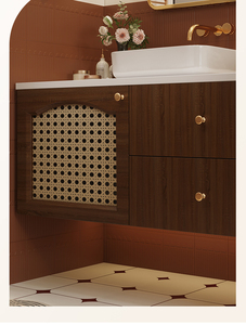 Natural wood rattan cabinet door with smart <b>mirror</b>, floor-standing ceramic integrated basin - Product Image 3