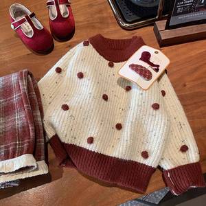 Girls Sweater Thickened Warm Knitted Base Layer Winter Clothing Checkered Solid Color Cotton Material For Children - Product Image 1