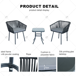 Modern 3 Piece <strong>Grey</strong> Patio Cafe <strong>Set</strong> Furniture Outdoor Garden <strong>Bistro</strong> Rope Steel Coffee Table <strong>Set</strong> and 2 Seater Chairs for Outside - Product Image 3