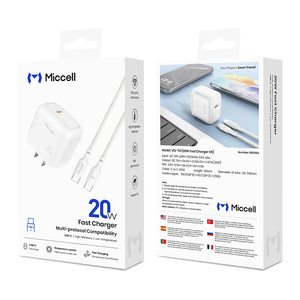 Chargeur rapide USB-C Miccell Compact 20W avec câble C vers C et prise en charge multi-protocoles pour téléphone, tablette et ordinateur portable - Product Image 6