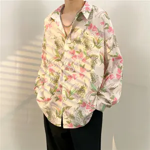 Stylish Men's Floral Print Long-Sleeved Shirt Vibrant Flower Details Summer Men casual shirts Blouse