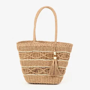 Straw Handmade Aesthetic Women Bags Custom Beach Bag Mesh Tote With Tassel Big Capacity Handbags