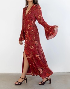 <span class=keywords><strong>Robe</strong></span> longue vintage rouge à fleurs en mousseline pour femme, manches cloche, col en V, fente haute, <span class=keywords><strong>style</strong></span> bohème, idéale pour les vacances - Product Image 2