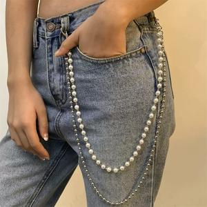 Ceinture à chaîne de perles pour femmes, double couche, perles blanches rondes, style hip-hop, accessoire de mode pour jeunes, pour jeans et jupes - Product Image 1