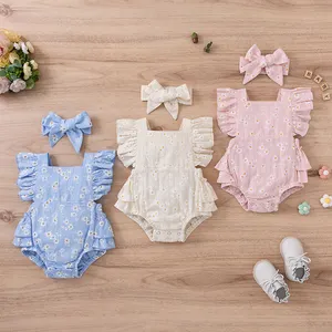 Vêtements d'été Combinaison Coton Lin Sans Manches Bodysuit à Volants Bébé Fille Romper