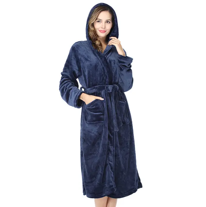 Couple bath gown navy blue hooded bathrobe for women