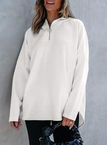 Sudadera Holgada Informal con Capucha para Mujer, Manga Larga, Media Cremallera, Bolsillo, Color Sólido, Fabricada en China, Sin Necesidad de Costura - Product Image 3