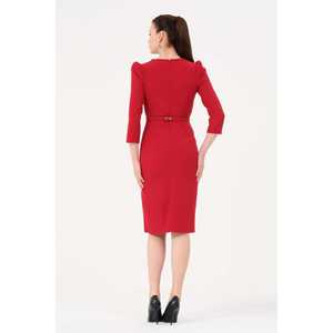 Robe de soirée asymétrique rouge 1610 à col en V avec franges, taille naturelle, faite à la main - Product Image 2