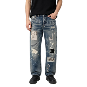 Jeans Vintage Stile Streetwear Giapponese per Uomo, Pantaloni Denim Y2K con Effetto Usurato e Patchwork, Stampa Grafica Retrò, Gamba Dritta - Product Image 1