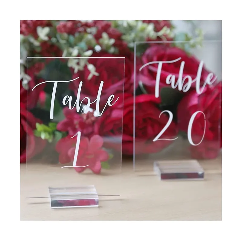 Tanda akrilik persegi bening nomor meja pernikahan akrilik dengan dudukan pemegang nomor meja akrilik persegi kosong