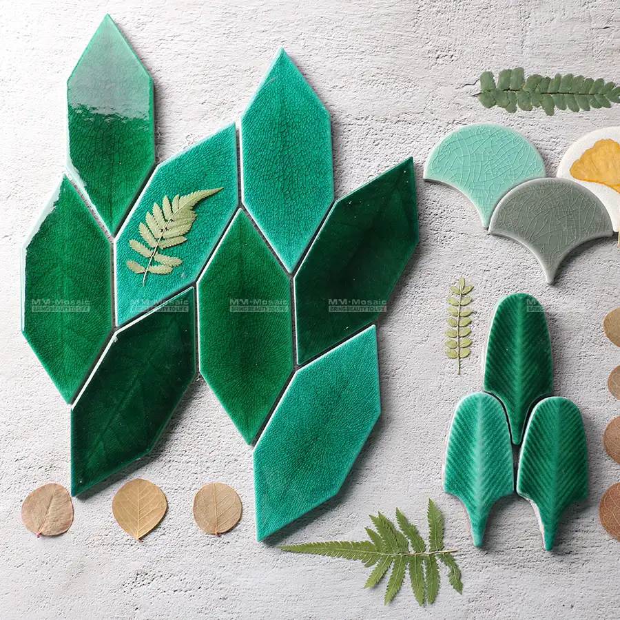 Picket 손으로 만든 광택 유리 녹색 Crackle 도자기 잎 모양 모자이크 타일 부엌 Backsplash 기능 벽 장식