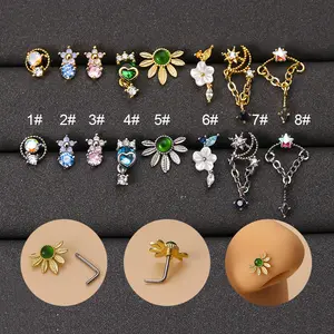 Factory Supplier Stainless Steel L Rod Nose Nail Flower Leaf Star Moon Zircon Piercing Body Jewelry Nose Studs