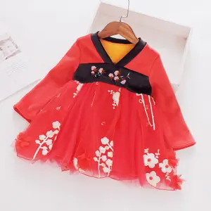 冬季女孩连衣裙加天鹅绒填充婴儿童装中国嘉年华红色节日保暖连衣裙汉服女孩衣服