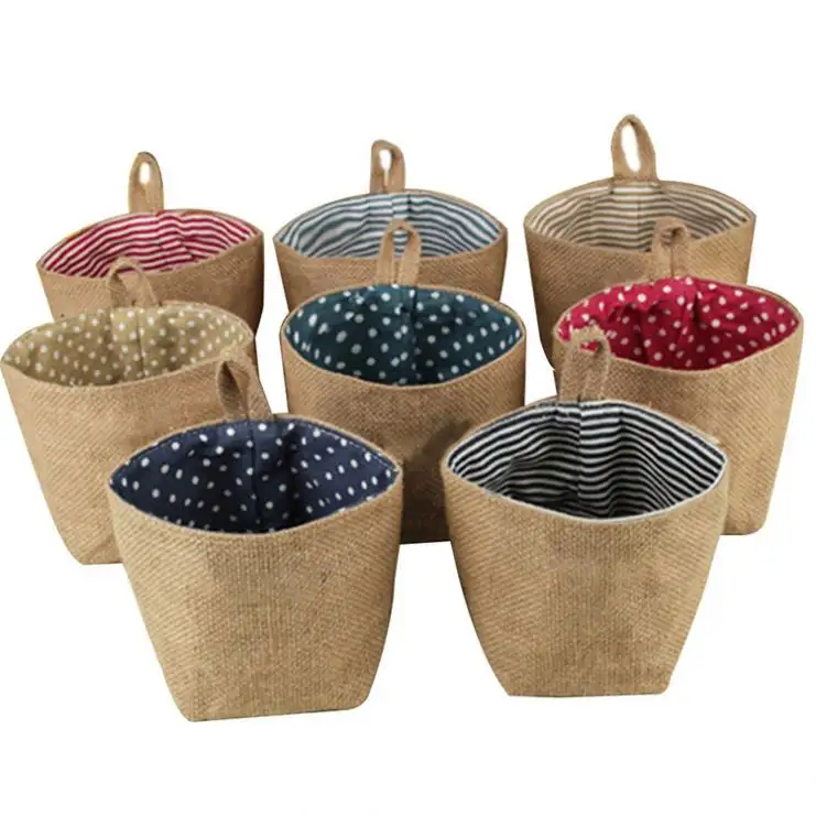 New Arrival Hanging Basket, Cotton Linen Pot Small Sack Hanging Type Dot Stripe Storage Basket Storage Hanging Bag/